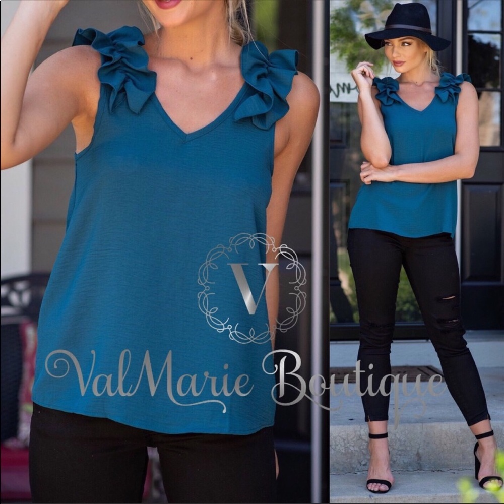 Teal ruffled shoulder tank top